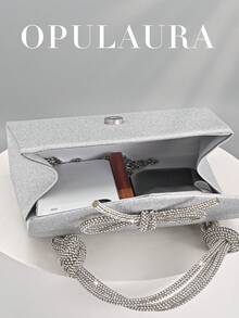 OpulAura 女士欧美风银色亮片翻盖晚宴包，闪亮优雅蝴蝶结和水钻装饰派对手拿包，奢华正式礼服手提包，链条单肩包，适合晚宴、派对、生日、婚礼、新娘配饰 - 銀色 - 查看 3