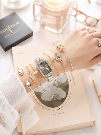 7pcs/Set Luxury Rhinestone Embellished Silver Jewelry Set, Square Dial Quartz Bracelet Combo, Gift Or Self-Use, Year-End Promotion, Online Shopping Festival