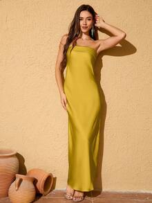 LOVE&LEMONADE Women's Solid Color Minimalist Casual Tube Dress - Olive Green - View 4