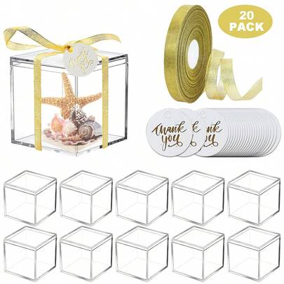 20 piezas Caja de regalo de acrílico con etiquetas de agradecimiento y cinta, caja de favor de boda para invitados de 4.5x4.5x4.5cm de acrílico transparente, caja cuadrada de plástico con tapa, mini contenedores de acrílico para exhibición para boda, baby shower, fiesta de cumpleaños, recuerdos y regalos de fiesta