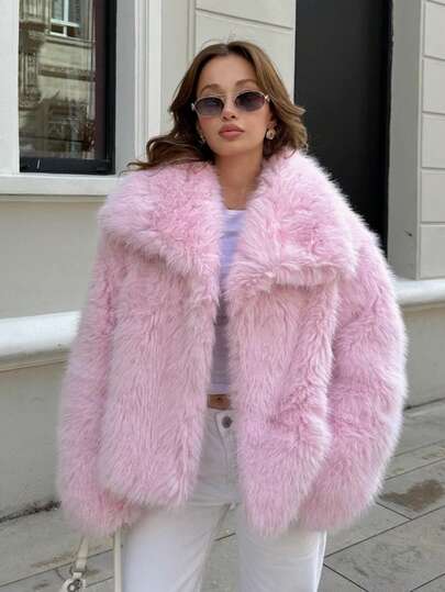 TRAFZA Women's Faux Fur Elegant Jacket, Casual Luxury Solid Color Coat, Warm Loose Fit Women's Fashionable Street Style Long Sleeve Jacket