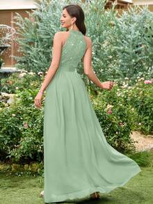 MIUSOL Đầm dạ hội hở lưng, chất liệu chiffon phối ren hoa đính sequin, màu tương phản, xếp ly, thích hợp cho khách dự đám cưới, lễ tốt nghiệp, tiệc chiêu đãi và các dịp khác trong mùa hè. - Màu xanh Bạc hà - Xem 3