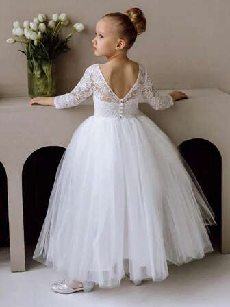 Tween Girl Spetskant Djup V-ringad Mesh Prinsessklänning, Lämplig För Födelsedagsfest, Påsk, Bröllop, Bal, Högtider