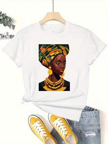 Women'S African Woman Print T-Shirt - Vibrant Afrocentric Design With Traditional Attire Illustration, Casual Short Sleeve Crew Neck Top, Breathable & Comfortable Polyester, Perfect Gift For Her, Cultural Wear |   Vibrant Print Tee |   Comfortable Fi - 白色 - 查看 3