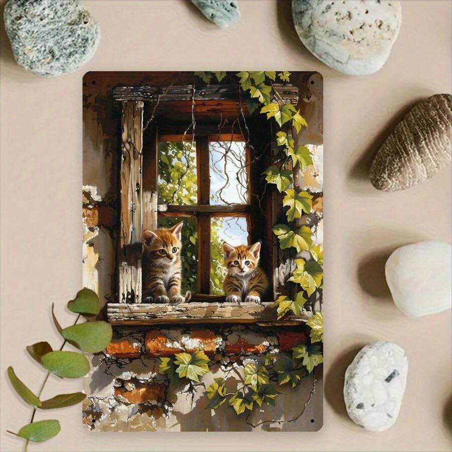 Room Decor 1pc Vintage Rustic Cat And Greenery Metal Sign, 8x12 Inches Iron Wall Art, Indoor/Outdoor Decor For Home, Bed And Breakfast, Cafe, Rustic Spaces - White - View 1