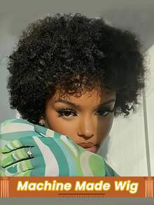 巴西短款波波头精灵卷曲假发，带刘海，杰瑞卷曲真人发假发，全机织真人发假发，自然黑色，适合女性日常佩戴 - Natural Black - 查看 1