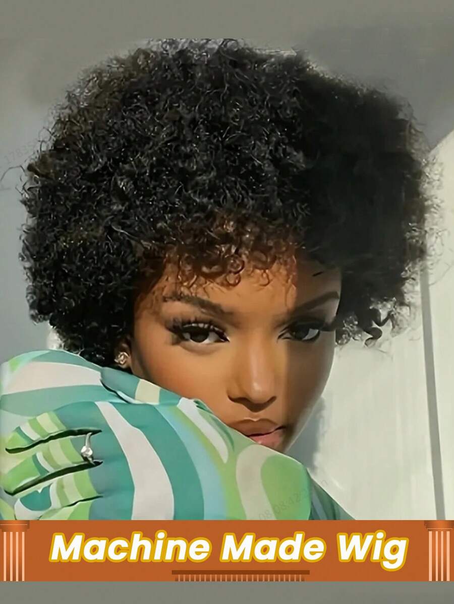 巴西短款波波头精灵卷曲假发，带刘海，杰瑞卷曲真人发假发，全机织真人发假发，自然黑色，适合女性日常佩戴 - Natural Black - 查看 1