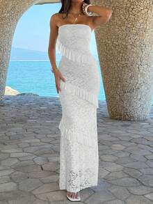 Đầm ren jacquard không dây gợi cảm dành cho nữ của Unadoll, thích hợp cho các buổi hẹn hò, đám cưới, kỳ nghỉ, tiệc tùng, sinh nhật, ngày Valentine và các dịp khác. - trắng - Xem 3