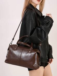 新款复古PU皮女士手提包，时尚拉链单肩包，配可拆卸肩带，女士工作旅行二合一包 - 咖啡 - 查看 7