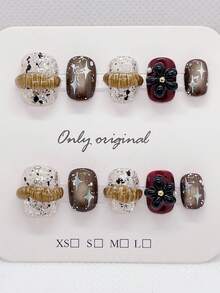 10片棕色按压式美甲贴片，短款方形和椭圆形法式美甲，手工制作，饰有闪粉和花朵，人造全覆盖甲片，适合女性和女孩，手工美甲配件 - 彩色 - 查看 6