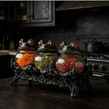 3-Piece Gothic-Style Witch Frog Spice Jar Set With Carved Base, Vintage Handmade Apothecary Jar With Frog Lid, Dark-Themed Kitchen Food Storage Jar, Spice, Herb, And Salt Storage Container, Unique Home Decor. - 黑色 - 查看 5
