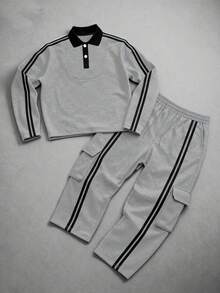 Men's Contrast Stripe Tape Polo Collar Sweatshirt And Wide Leg Pants 2 Pieces Set, Casual High Street Style, Autumn/Winter