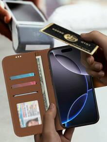 黑色/棕色/海军蓝/白色多功能钱包式PU皮革手机壳，兼容 11/12/13/14/15 Pro Max，适合日常使用；钱包式翻盖手机壳，兼容三星Galaxy A55/A54/A53/A52/A51/A14/A15/S22/S23/S24 Ultra，可放置信用卡，防水、防震、防摔、防刮擦，全包式设计。 - 棕色 - 查看 5