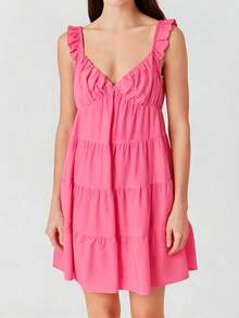 Women Tiered Mini Dress Solid V Neck Flutter Sleeve Backless A-Line Short Dress For Daily Party Club - Pink - View 3