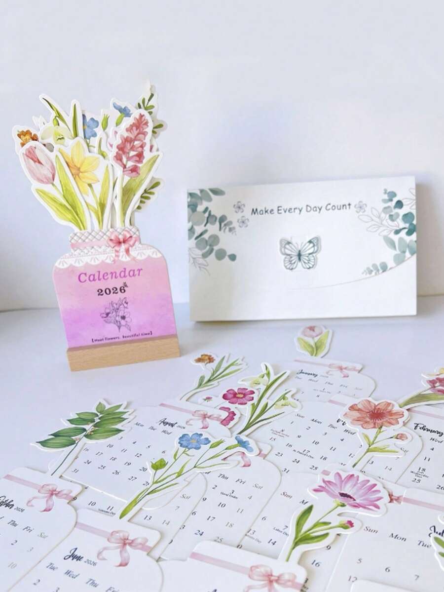 1 Set 2026 Elegant Floral Calendar, Creative Insert Card Design Floral Decor Desktop Calendar, Fashionable And Aesthetic, Space-Saving, Surprise Gift For Friends
