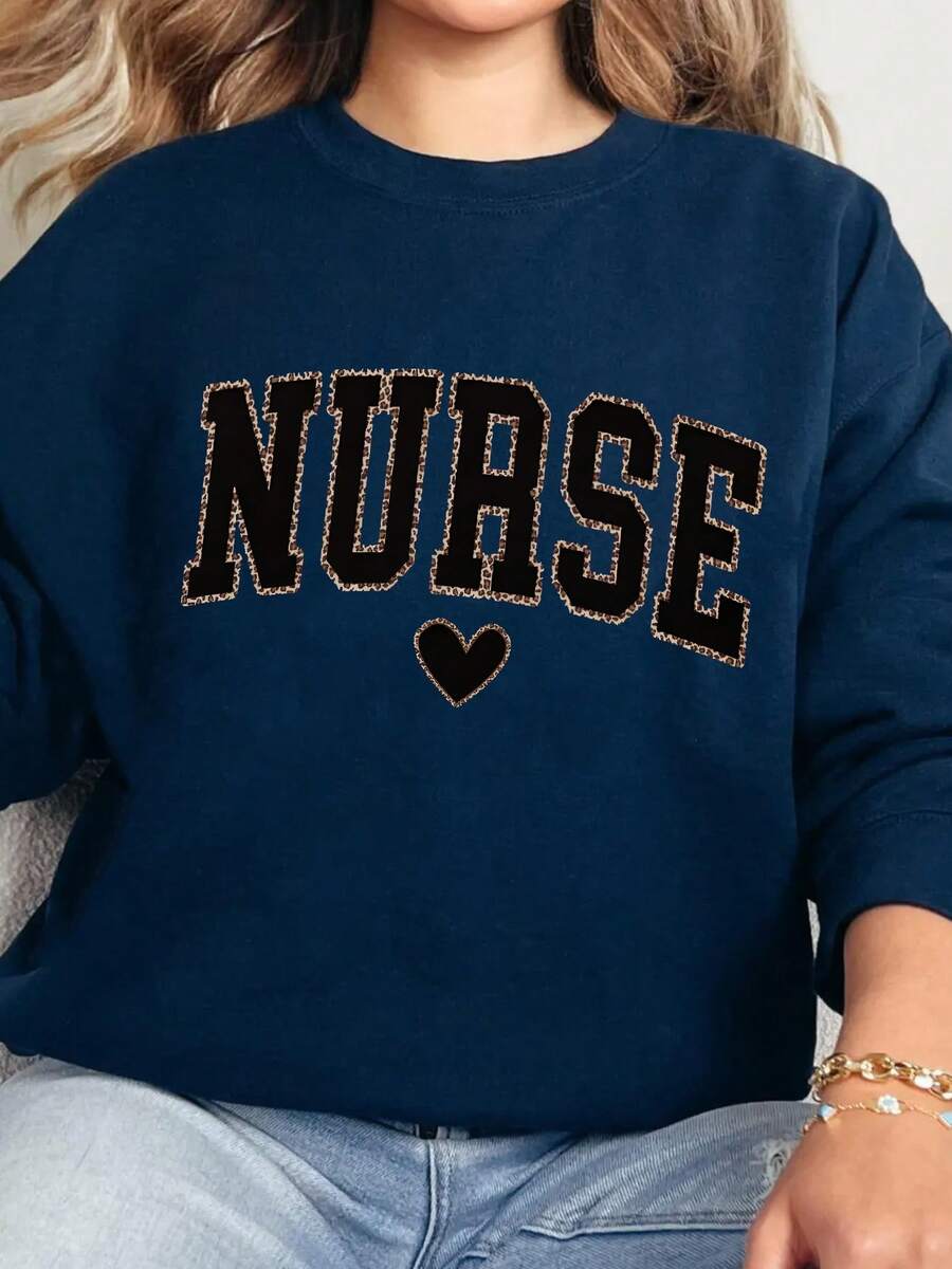 2026 Long Sleeve Tops Women Leopard Print Registered Nurse Sweatshirt - Nurse Zhou Loose Style Sweater, Nurse Graduation Gift, New Nurse Apparel, Comf - 藏青色 - 查看 1