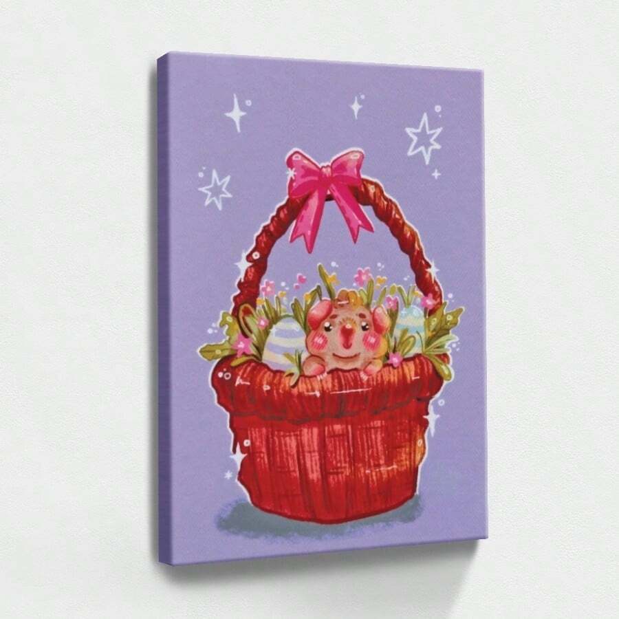 1pc Wooden Framed Wall Art, Wrapped Canvas Vintage Prints Poster, Animal In Basket, Eggs, Flowers - Botanical, Whimsical, Colorful, Playful Style, Perfect Gift Decor, Wall Art For Living Room Bedroom Office, Hanging Hardware Included - Wrapped Framed Canvas, Vertical - Framed Canvas - 查看 1