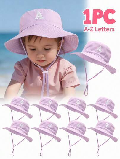 1pc Cute Light Purple Kids Bucket Hat - Wide Brim UV Protection, A-Z Embroidered Letter Patches, Adjustable Chin Strap, Summer Beach Park Outdoor Hat For Toddlers