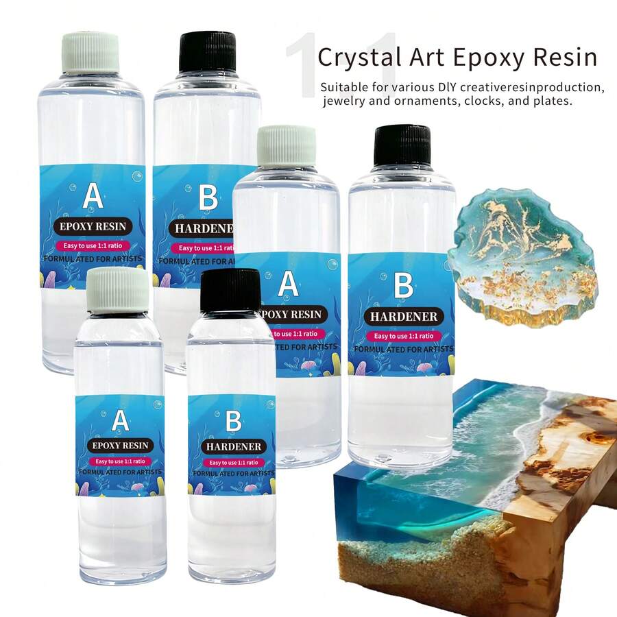 مجموعة غراء إيبوكسي شفاف AB بحجم 240مل/500مل/1000مل، نسبة خلط 1:1، شفافية عالية، جفاف سريع، خالي من الفقاعات، مقاوم للاصفرار، سطح ناعم، مناسب لأعمال الفن DIY كطاولة النهر والصب في المجوهرات وغيرها