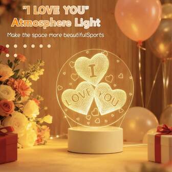 Luminária noturna LED 3D criativa em formato de coração com a inscrição "EU TE AMO", alimentada por USB com interruptor, luz suave e quente, ideal para decoração de casa, quarto, escritório, casamento, sala de jantar, café, bar, como luminária de ambiente e presente para amigos.