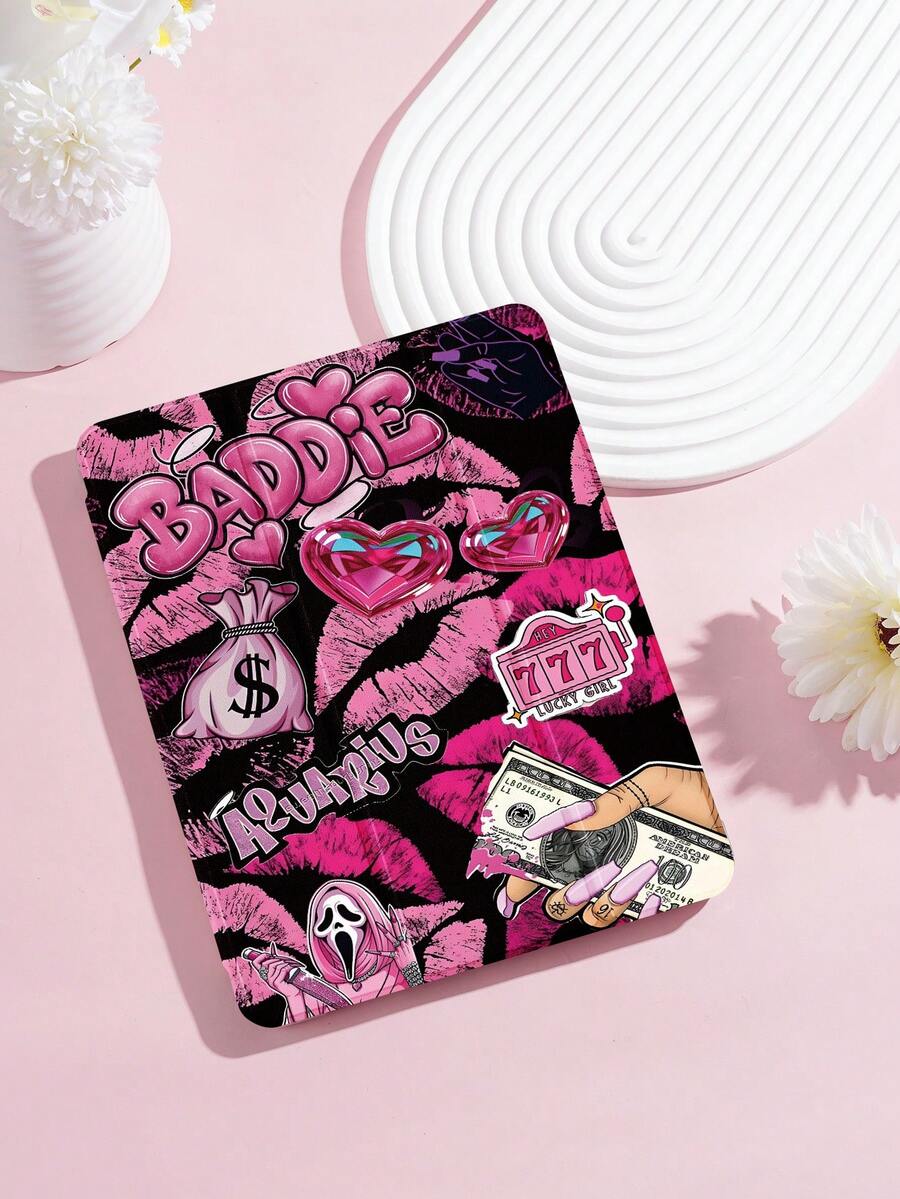 Collage Style Lipstick Banknote Pattern Tablet Protective Case, Compatible With IPad 9.7/10.2/10.5/10.9/12.9/Pro 11 (10th Generation), Compatible With Samsung Galaxy Tab S6 Lite 10.4-Inch, Compatible With Kindle Paperwhite (12th Generation, 2024 Model), Kindle (11th Generation, 2022 Model), Gentle Anti Drop, Smart Stand/Automatic Wake-Up/Sleep Function