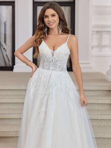 撞色吊带连衣裙，饰有闪亮刺绣珠饰，优雅新娘婚纱，性感妩媚的网纱贴花系带设计，适合所有季节 - 米色 - 查看 7