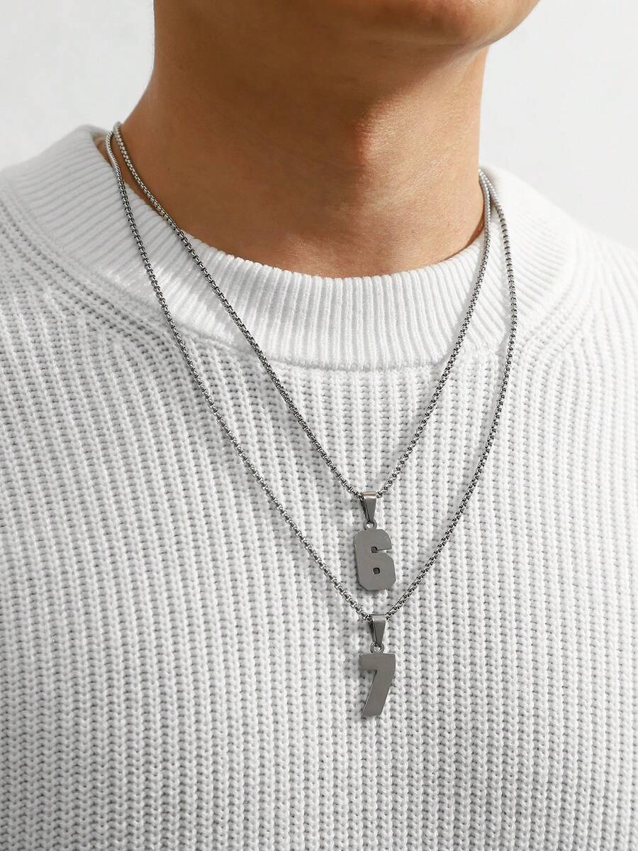 2pcs Minimalist Stainless Steel Black Arabic Number 67 Pendant Necklace Set With Stainless Steel Chain, Gift & Daily Wear For Men - Stainless Steel Number Necklace Set - View 1