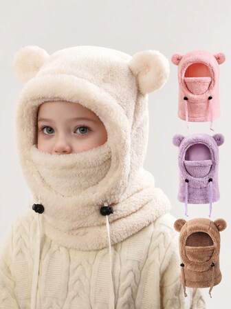 1PC Kids Bear Ear Plush Balaclava Hat (Multiple Colors) - Thermal Lined 2-In-1 Hood & Neck Warmer With Drawstring, Warm Windproof For Toddler & Kids 3-10 Years Daily Outdoor Use