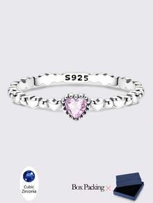 1 Piece Original 925 Sterling Silver Enchanting Pink Heart Shaped Ring Dazzling Fusion Of Romantic Design And Premium Craftsmanship. This Exquisite Piece Showcases A Delicately Carved Pink Heart Cubic Zirconia At Its Center, With A Translucent, Lustrous Finish That Catches The Light With Every Movement, Evoking Sweet, Tender Vibes. - Silver - View 11