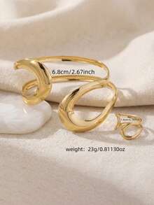 2件套极简几何镂空设计首饰套装，镀金手镯和戒指，时尚女式配饰，适合休闲、度假、旅行，以及情人节等场合的送礼佳品。 - 金色 - 查看 5