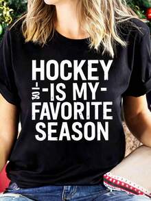 Sports Event Short Sleeves Hockey Is My Favorite Season T Shirt Women Casual Graphic Tee Summer Top Sport Fan Apparel Suitable For Sports Eventsholiday Partiesand Other Holiday Gifts - 黑色 - 查看 1