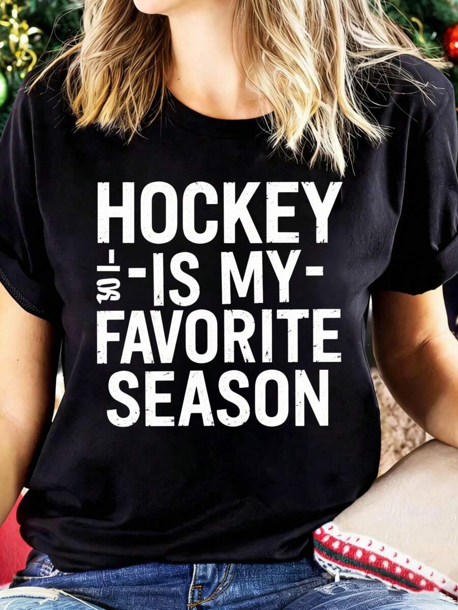 Sports Event Short Sleeves Hockey Is My Favorite Season T Shirt Women Casual Graphic Tee Summer Top Sport Fan Apparel Suitable For Sports Eventsholiday Partiesand Other Holiday Gifts - 黑色 - 查看 1