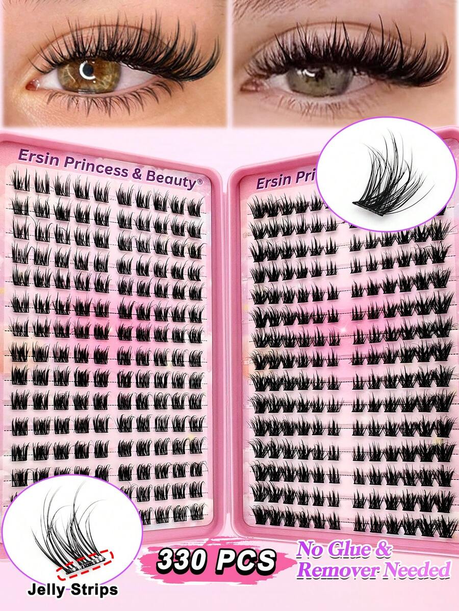 330片装2款混合睫毛套装，自粘式蓬松假睫毛，长度8-16毫米混合，无需胶水和卸妆产品，打造自然逼真的睫毛效果 - 黑色 - 查看 1