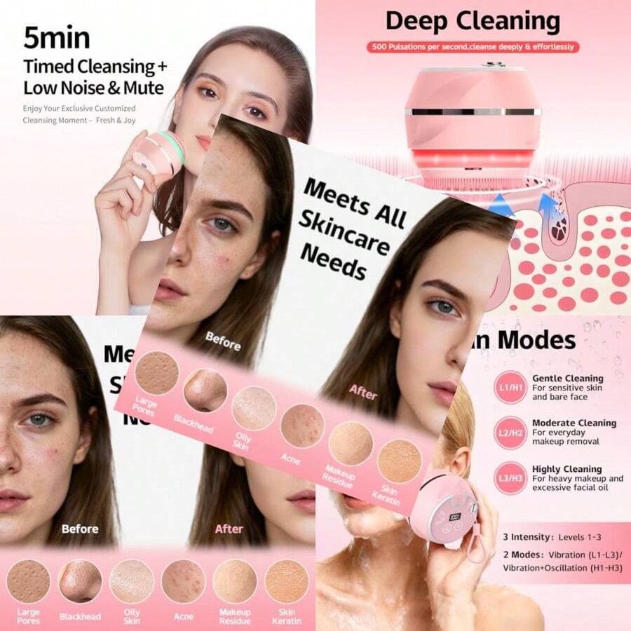 Electric Face Scrubber Waterproof Silicone Facial Cleansing Brush For Women And Men 2 Modes Rechargeable Electric Exfoliator Scrubber For Deep Cleaning Exfoliating Massaging - Hồng - Xem 1