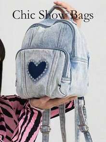 New Fashionable Light Blue Heart-Shaped Denim Backpack,Valentine's Day Gift,Small Backpack With Rhinestones And Small Hearts, Retro Preppy Style, Mini Perfume Backpack. - Blue - View 9