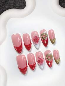 10件套优雅高端情人节美甲套装，包含法式按压美甲贴片、水滴形假指甲、手工花朵装饰、心形美甲配件、白色甲油胶、红色甲油胶、金属甲油胶，附带工具套装，三种尺寸可选：杏仁形、鸭嘴形、棺材形，适合女性和女孩，是约会、婚礼、情人节、派对等场合的理想美甲用品。 - 彩色 - 查看 3