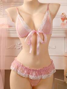 Women 2 Pieces Lingerie Nightwear Set, Lace Patchwork Bowknot Front Sleeveless Bra Ruffles Thong Sleepwear Suit - 粉色 - 查看 4