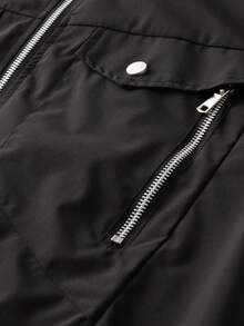 Men's Stand Collar Jacket With Double Zipper Pockets And Metal Button Flap Design, Casual Outdoor Jacket With Full Zip Closure And Ribbed Cuffs - Black - View 6