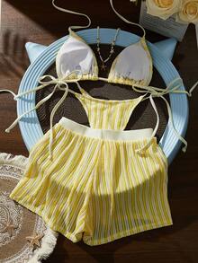 3pcs Women's Elegant Bikini Set, Contrast Color Hollow Mesh Fabric With Shorts, Suitable For Beach Vacation And Pool Party Summer - Yellow - View 4