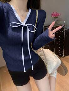 V-Neck Patchwork College Style Anti-Aging Cable Knit Sweater, Autumn/Winter - Navy Blue - View 4