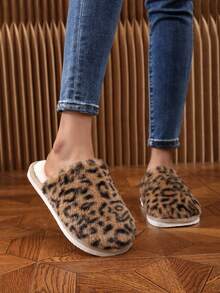 Damen Leoparden-Muster Plüsch Hausschuhe, weiche Sohle, geschlossene Zehenpartie, breites Riemendesign, warm und bequem, Plüschfutter, modische Slip-On Schuhe, bohemian-lässiger Stil, Tierdruck, geeignet für Zuhause und Outdoor, ganzjährig - Kaffee - Übersicht 4