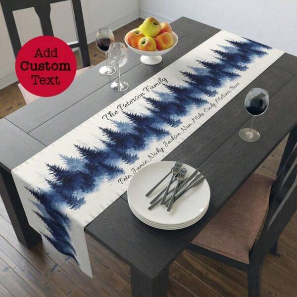 Snowy Winter Blue Pines And Snowflakes Table Runner Personalized | Evergreen Pines Table Deco | Rustic Farmhouse Table Linen With Names