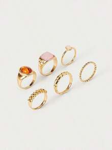 Glisma 6pcs/Set French Minimalist Personalized Design Metal Vintage Rings Set, Suitable For Parties, Gifts, Daily Wear (Includes Size Guide, Please Handle Carefully) - Gold - View 6