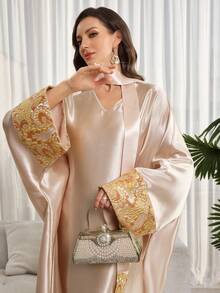 女士V领花卉提花拼接宽松优雅阿拉伯连衣裙，优雅派对礼服，新年装扮，除夕夜礼服，情人节春季连衣裙 - 彩色 - 查看 7