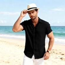 ¡RecomendadoCamisa de Punto con Botones,Camiseta Casual con Botones Transpirable,Camisa de Playa de Verano de Lino Texturizado a la Moda para Hombre¡Top de Temporada - Azul marino - Ver 4