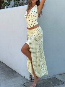 Women's Polka Dot 2-Piece Set Deep V Neck Halter Ruched Crop Top High-Low Skirt Summer Y2k Outfits Sets - 黃色 - 查看 2