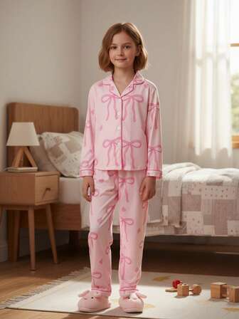 Girls Pink Bow Heart Pajama Homewear Set For Sleep & Lounge | 8–12Y