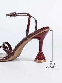 Women's Fashionable Elegant Versatile Minimalist Burgundy Square Toe Ankle Strap High Heel Sandals, Charming Glamorous For Summer Wedding, Party, Outdoor Activities, Daily Wear - Burgundy - View 9