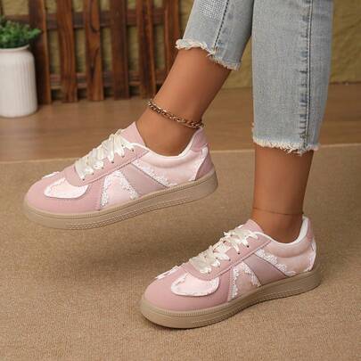 女士甜美蕾丝细节多色系带休闲运动鞋，时尚可爱，适合日常穿着、度假，百搭