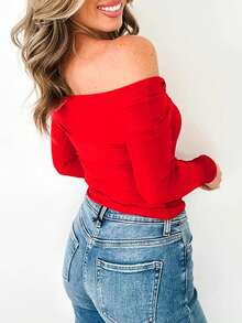 Acelitt Spring New Fiery Red Foldable Cold-Shoulder Sexy One-Shoulder Long Sleeve Fitted Casual Blouse For Women - Red - View 2